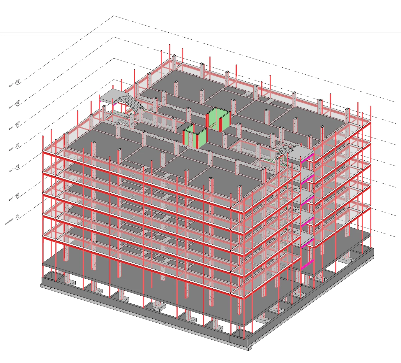 Modelo de estructura de hormigón con varios niveles, forjados, pilares, escaleras y núcleos diferenciados