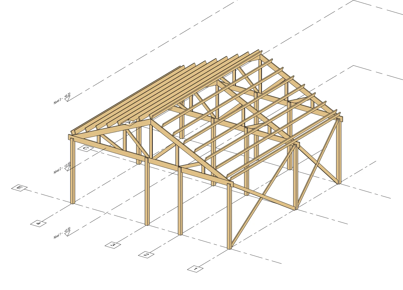 Axonometría de una estructura de madera con pilares, pórticos, correas y arriostramientos