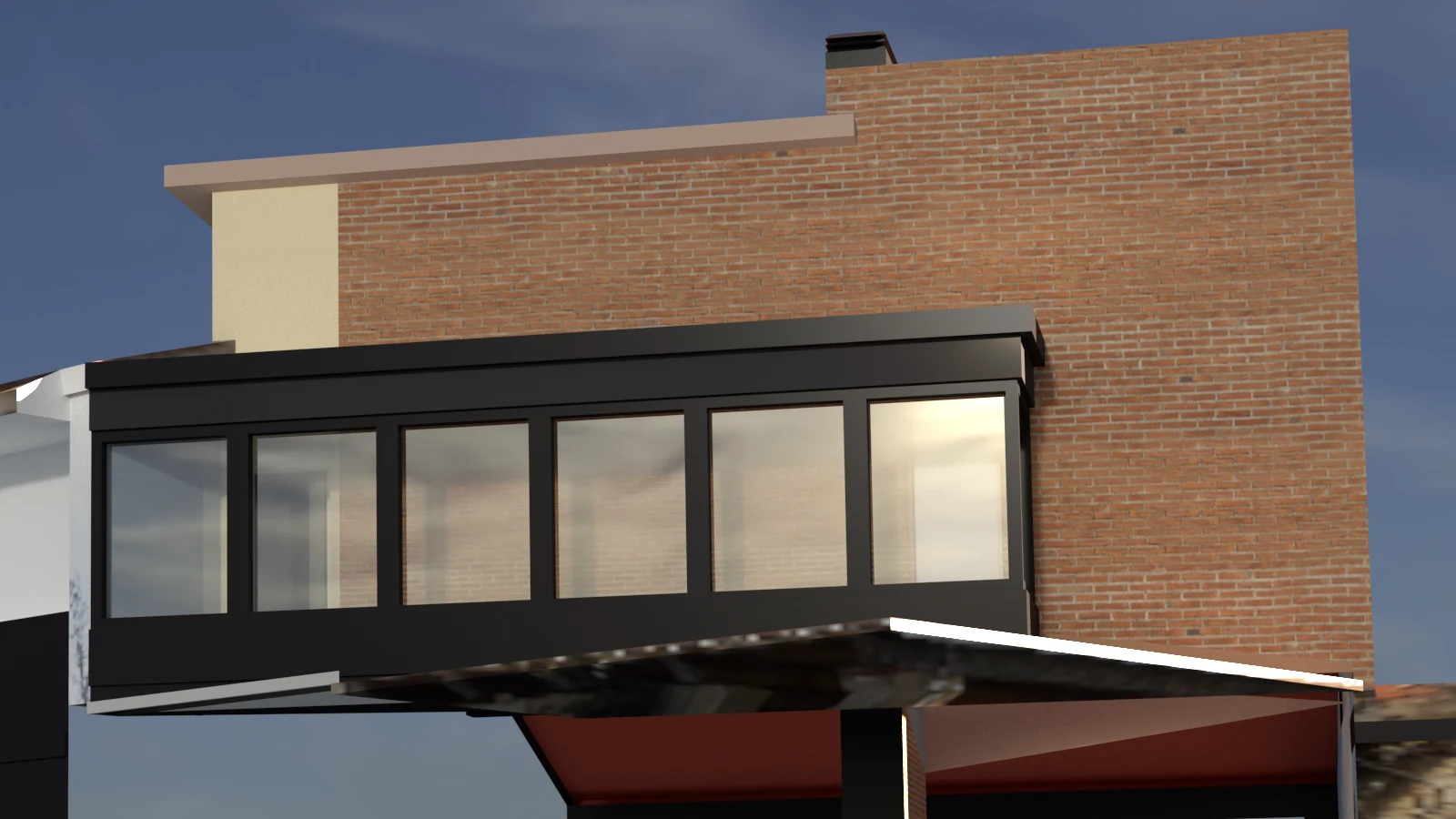 Render de propuesta con un frente acristalado oscuro sobre la fachada de una vivienda
