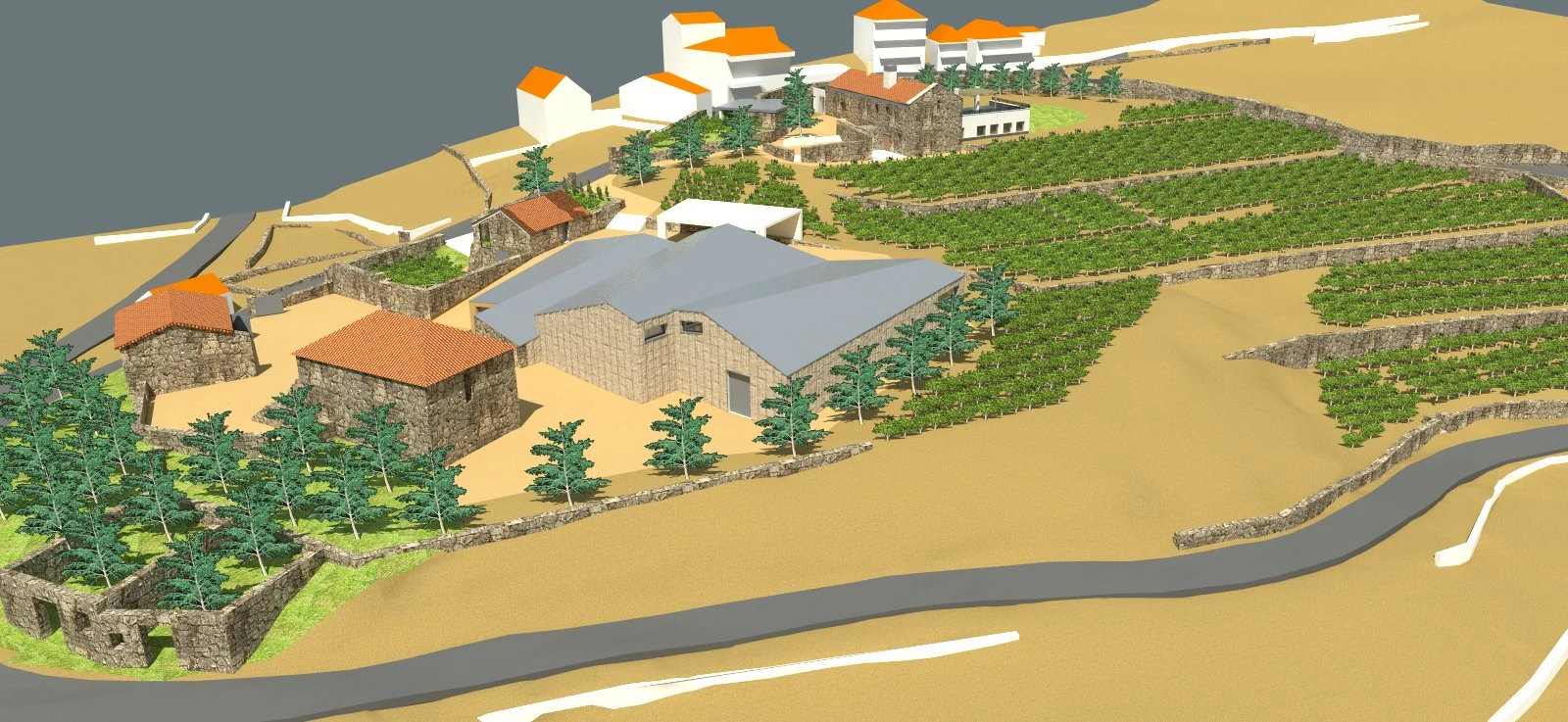 Vista general del proyecto de bodega entre viñedos, bancales y construcciones de un núcleo rural