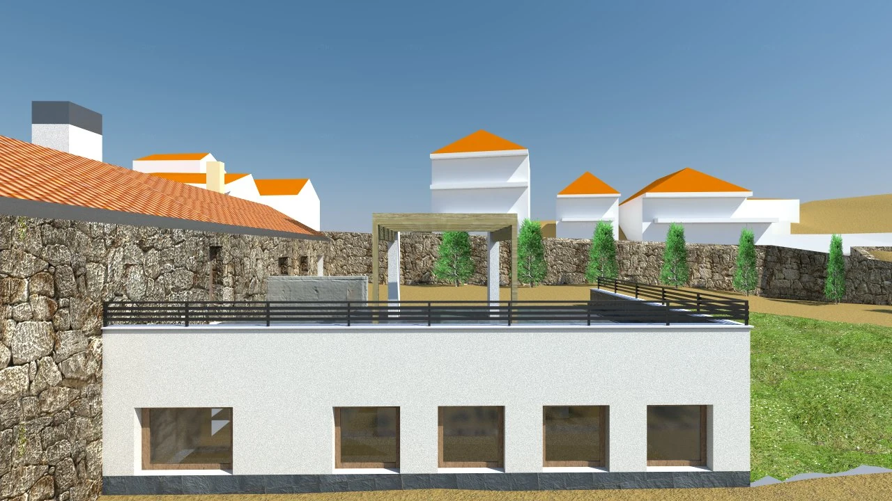 Render de una pieza de vivienda con huecos al frente y una terraza superior