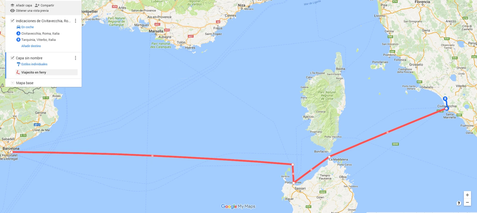Mapa original de la etapa 1: Barcelona, Civitavecchia, Tarquinia