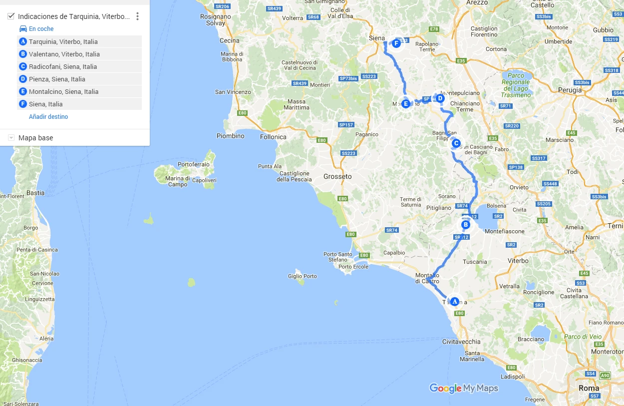 Mapa original de la etapa 2: Tarquinia, Valentano, Radicofani, Pienza, Montalcino, Siena