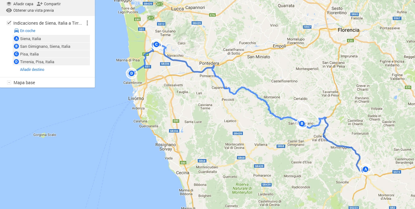 Mapa original de la etapa 3: Siena, San Gimignano, Pisa, Tirrenia