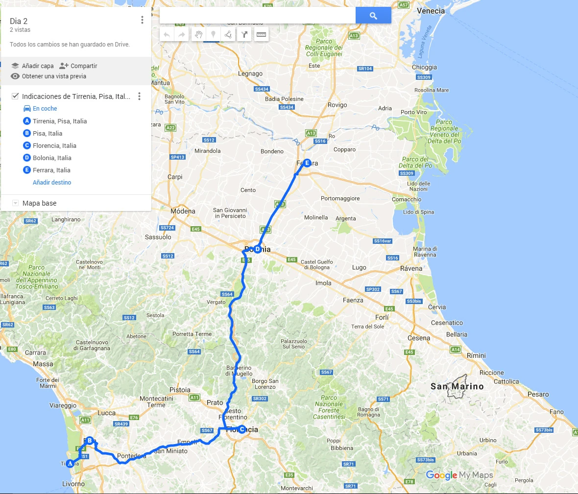 Mapa original de la etapa 4: Tirrenia, Pisa, Florencia, Bolonia, Ferrara