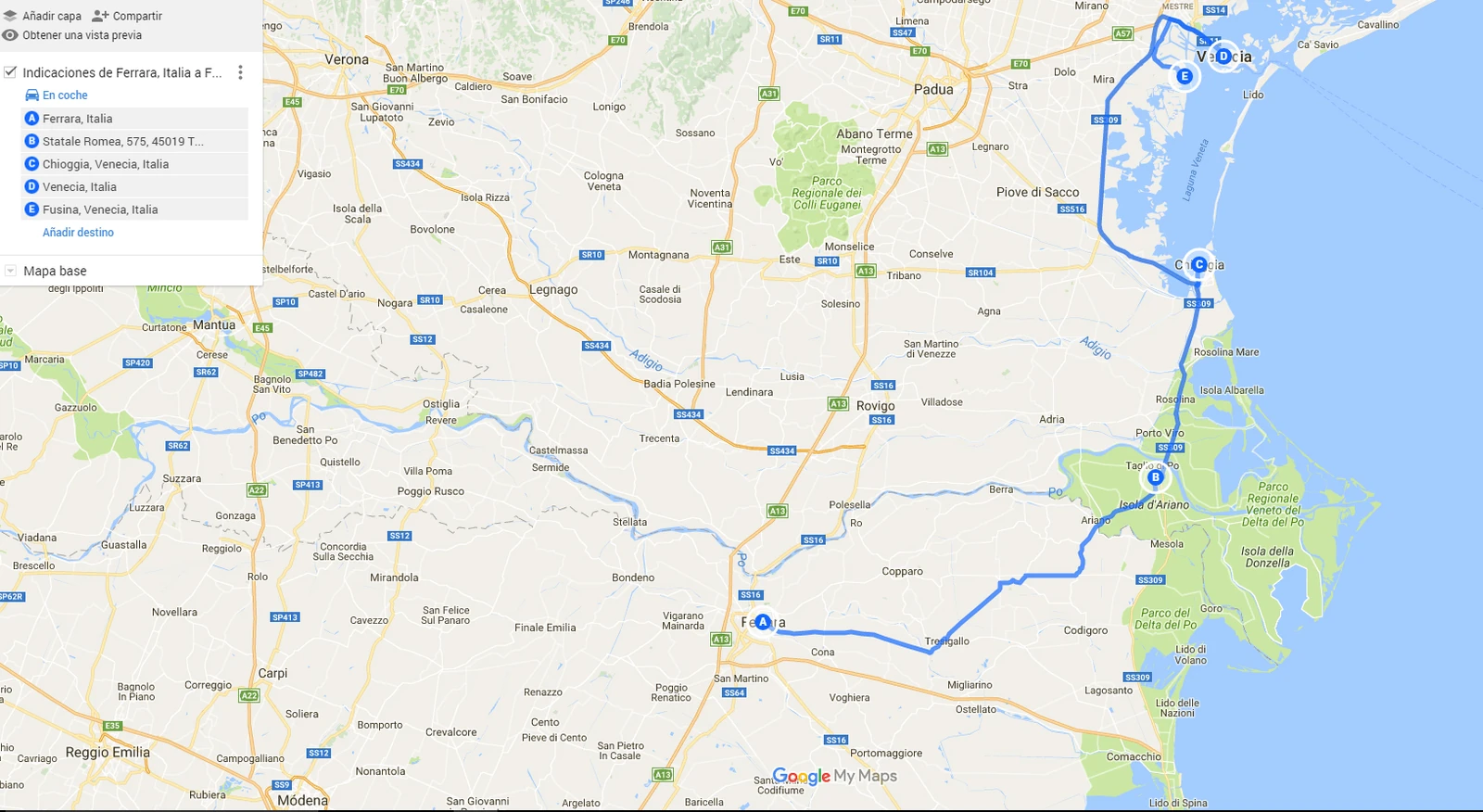 Mapa original de la etapa 5: Ferrara, Chioggia, Venecia, Fusina