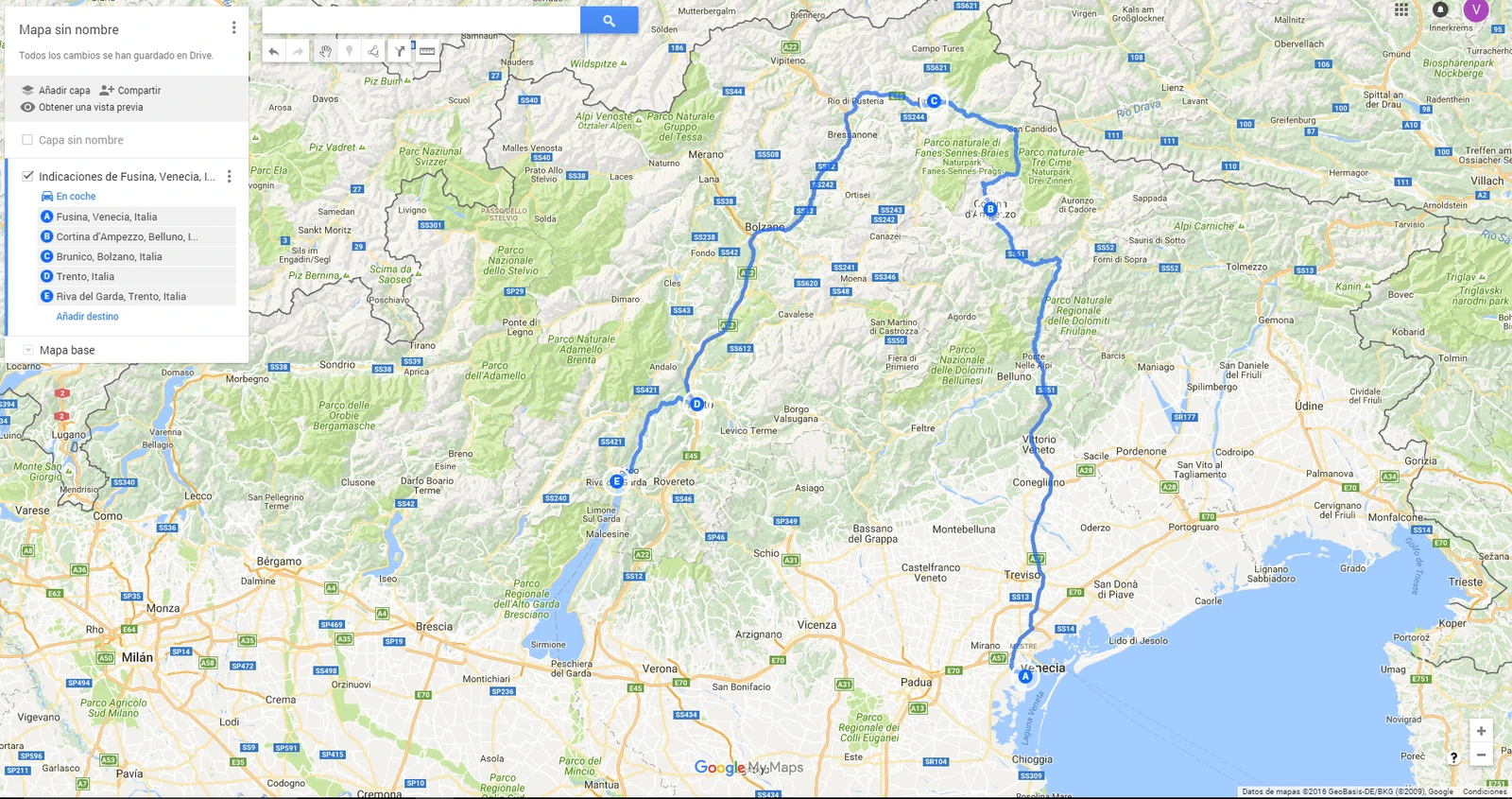 Mapa original de la jornada de las Dolomitas, desde Fusina a Riva del Garda.