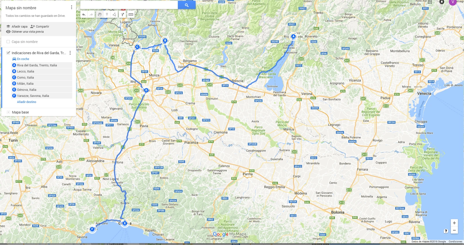 Mapa original de la etapa 7: Riva del Garda, Lecco, Como, Milán, Génova, Varazze