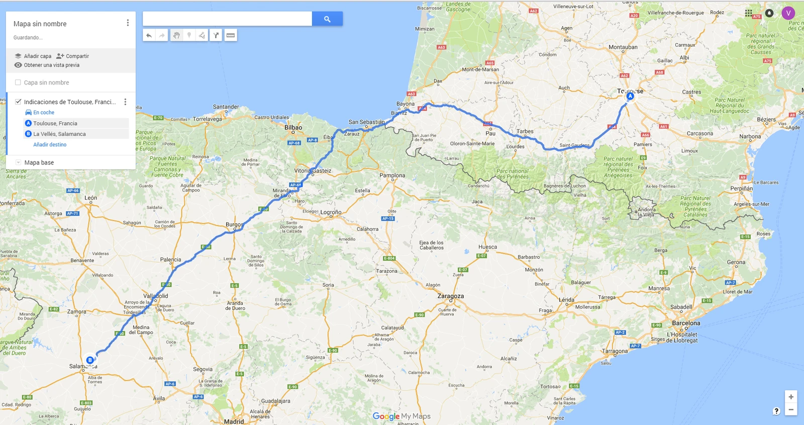 Mapa original conservado del regreso desde Toulouse a La Vellés.